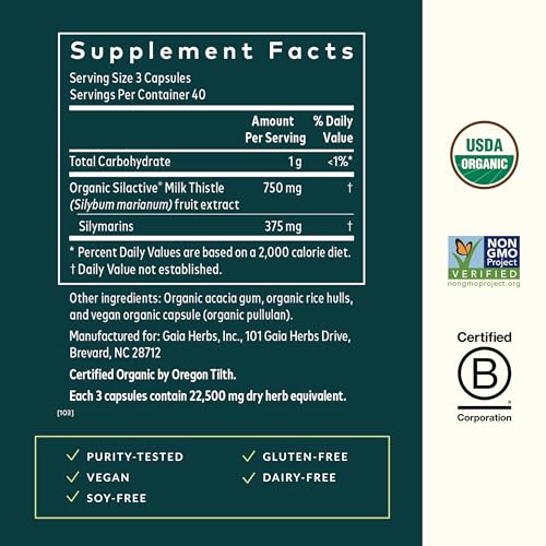 Gaia Herbs Milk Thistle - Liver Supplement & Cleanse Support for Helping to Maintain Healthy Liver Function* - 120 Vegan Capsules (40-Day Supply)