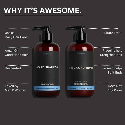 Roosevelt Supply Co. Beard Conditioner, Nourishing Formula with Argan Oil for a Softer, Healthier Beard, Anti-Dandruff, Reduce Split Ends, Panthenol & Aloe Vera - Unscented - 12 Fl Oz
