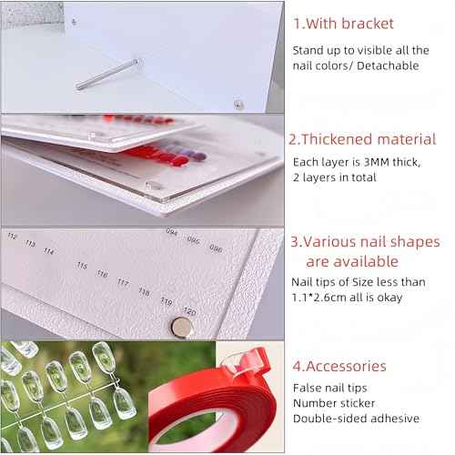 Acycoin2A 240 Nail Color Display Board Nail Art Sample Chart Acrylic Gel Polish Rack Colors Showing Shelf with False Nail Tips and Number Sticker