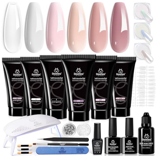 Beetles Poly Nail Extension Gel with Uv Light Starter Kit - 6 Colors White Nude Pink Glitter Gold Red Colors Nails Gel Set Hybrid Jelly Gel with Base Top Coat Set Gift for Women