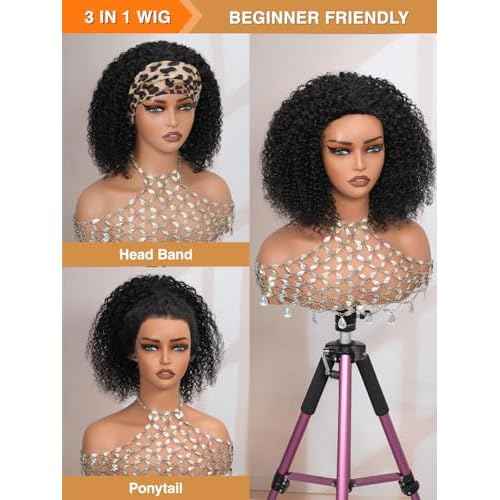 Kinky Curly Half Wig Human Hair 200% Density Wear Go Glueless Wigs Human Hair 3 In 1 Drawstring Seamless Flip Over Wig for Women Daily Wear Headband Wig Beginner Friendly Black (12inch)