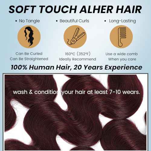 ALHER #99j Dark Burgundy Body Wave Bundles with 2x6 Closure, Purplish Wine Red Color 3 Bundles with 2x6 Long Deep Part Closure With Baby Hair, 100% Real Human Hair 10 12 14 +10 Inch