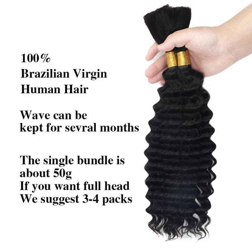 Hailookmey Human Braiding Hair for Boho Braids 150g Deep Wave Human Hair for Braiding 3 Bundles/Pack No Weft Curly Human Hair Extensions for Braids (Natural Black Color,18 Inch)