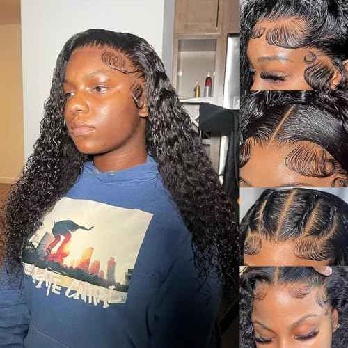 13x6 Deep Wave Wigs Human Hair Deep Wave Lace Front Wigs Human Hair 200% Density HD Lace Frontal Wigs for Balck Women Pre Plucked Glueless Deep Curly Wig Natural Black (16 Inch)