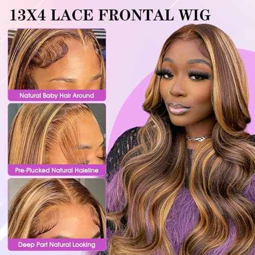 Ombre Lace Front Wig Human Hair 4/27 13x4 HD Body Wave Highlight Lace Front Wig Human Hair Pre Plucked With Baby Hair 180% Density Glueless Lace Front Wigs Human Hair28 Inch