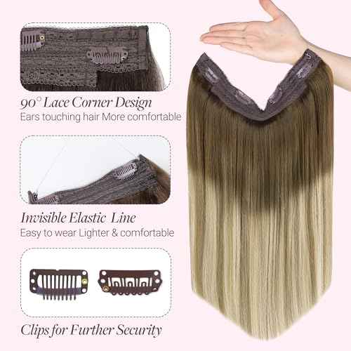GOO GOO Wire Hair Extensions Human Hair, 3/8/613 Walnut Brown with Ash Brown and Bleach Blonde Balayage 18inch 95g, Invisible Wire Hair Extensions with Transparent, Seamless Fish Line Hairpiece