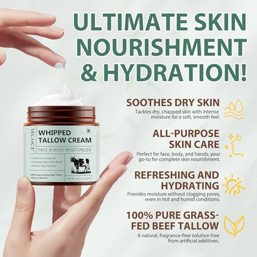 Whipped Beef Tallow for Skin, Organic Face Moisturizer with Grass Fed Beef Tallow & Raw Honey, Deeply Moisturizes Face & Body, Reduces Skin Irritation and Sensitivity, 4.2 Oz