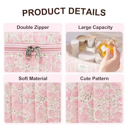 3Pcs Makeup Bag Cotton Quilted Travel Cosmetic Bag Cute Floral Makeup Pouch Large Toiletry Bag for Women Girls (Flowers-Pink3)