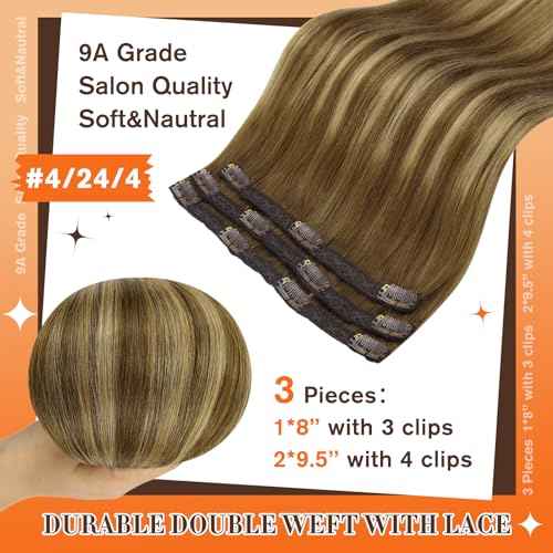 Full Shine Clip in Hair Extensions Human Hair 16Inch Lace Clip in Human Hair Ombre Brown Fading to Blonde Highlight Double Weft Straight Hair Extensions for Women 60Grams 3Pcs
