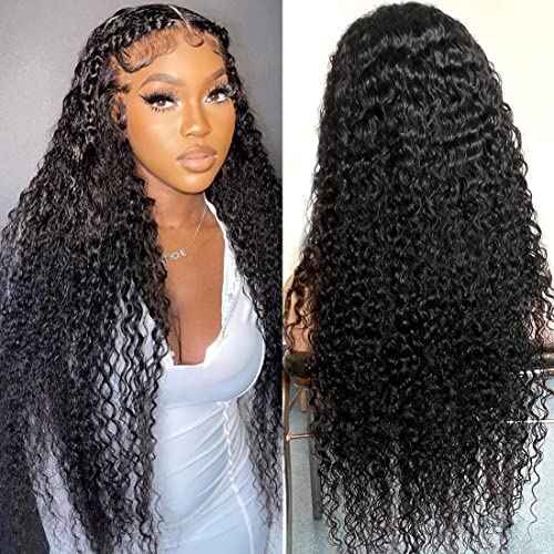 13x6 Deep Wave Lace Front Wigs Human Hair Wigs HD Transparent Deep Curly Lace Frontal Glueless Wigs Human Hair Lace Front Wigs Pre Plucked 200% Density Natural Black 24 Inch