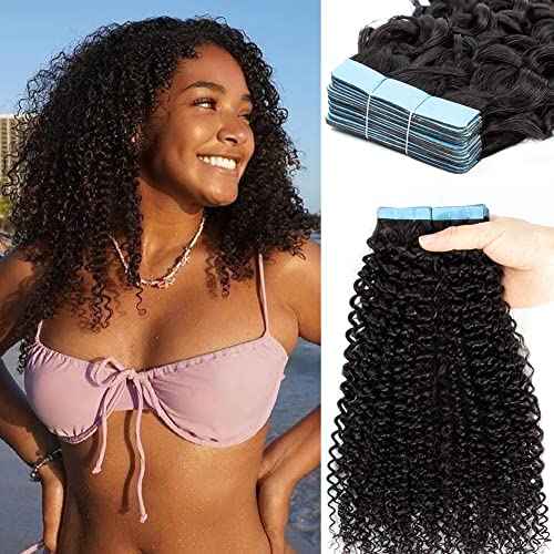 Urbeauty 40 Pcs Kinky Curly Tape in Hair Extensions - Human Hair, Black, Semi Permanent, Invisible Tape Attached