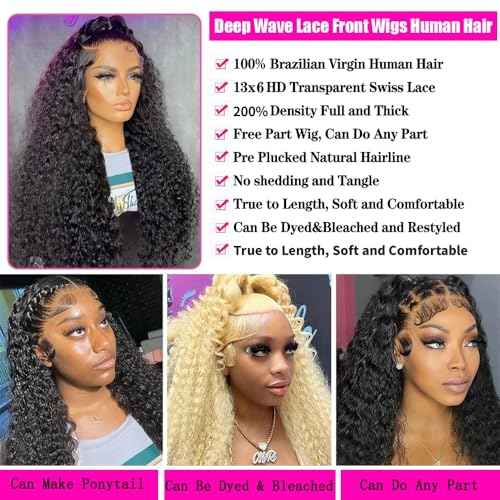 JTMMP 13x6 Deep Wave Lace Front Wigs Human Hair 200% Density 26 Inch Curly Human Hair Wig for Women Natural Black HD Transparent Lace Glueless Frontal Wigs Human Hair Pre Plucked
