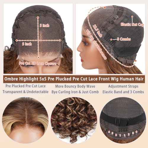 Highlight Ombre 5x5 Pre Plucked Pre Cut Lace Front Wigs Human Hair 4/27 Colored Bouncy Body Wave Lace Frontal Wig Honey Blonde Ombre Glueless 5x5 HD Lace Closure Wigs for Women 180 Density 22 Inch