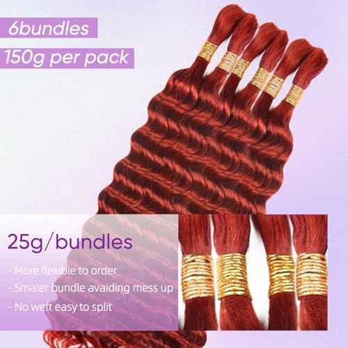 Human Braiding Hair for Boho Braids 150g 22 Inch Deep Wave Ginger Boho Braids Human Hair No Weft Boho Human Braiding Hair Curly 6 Bundles/Pack 350#