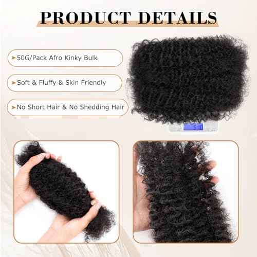 Afro Kinky Bulk Human Hair 12 Inch 30g/Pack 3 Packs for Loc Extensions, Dreadlocks, Braiding, Twist ? Afro Kinky Curly Bulk Human Hair for DIY Locs, Dreadlock Repair, 4B 4C Texture for Black Hair