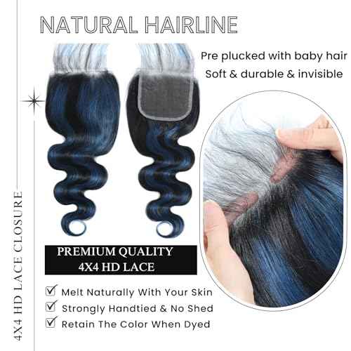 ALHER Black Mix Blue Body Wave 4x4 Lace Closure, 12A #1B/BlueColored Closure Free Part Pre Plucked with Baby Hair, 100% Virgin Remy Human Hair for Black Women 150% Density 12 Inch