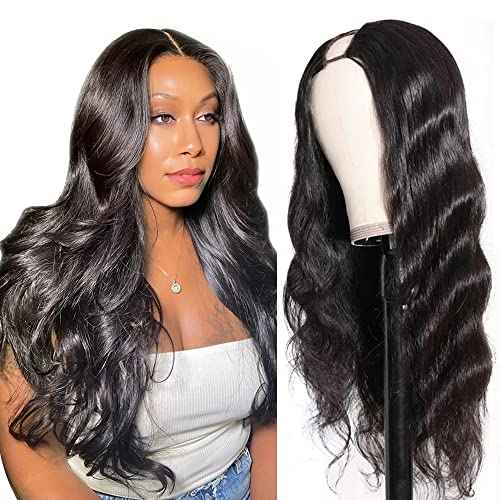 U Part Human Hair Wig Body Wave Drawstring Wig 180% Density U Part Wig Brazilian Virgin Human Hair wigs for Women Full Head Clip in Half Wigs Glueless No Leave Out Lace Front Wig Natural Color 20inch