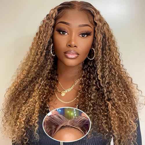 Wear and Go Glueless Highlight Ombre 4/27 Human Hair Wigs Deep Wave Curly Wet and Wavy Lace Front Pre Plucked Pre Cut 5x5 HD Lace Closure Wigs for Black Women £¨4/27 24 Inch£©