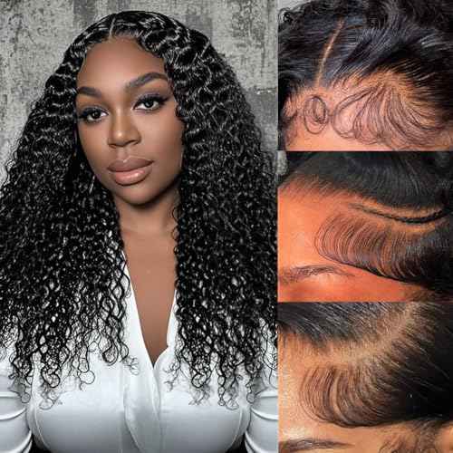13x4 Deep Curly Glueless Wigs Human Hair Deep Wave Lace Frontal Wet and Wavy Wig 20 Inches 180 Density Water Wave Lace Front Wigs Human Hair Pre Plucked with Baby Hair Natural Black 1B