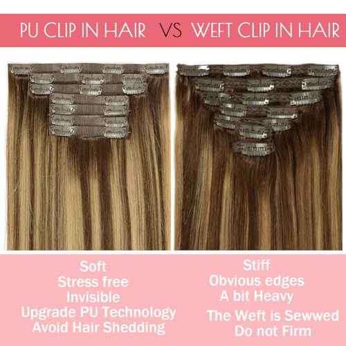Loxxy Invisible Clip in Hair Extensions Real Human Hair Ombre Medium Brown to Caramel Blonde 16Inch 130G 7Pcs Thin Pu Weft Seamless Hair Extensions Clip in Thick Remy Hair Silky Straight