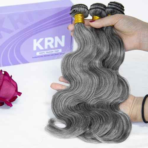 KRN Salt and Pepper Human Hair Bundles 10 12 14 Inch 100% Unprocessed Gray Virgin Human Hair Bundles Body Wave for Black Women Grey Hair Weave Extensions