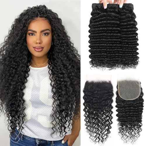 12A Human Hair Bundles with Closure-Deep Wave Bundles 16 18 20+14 Inch 5x5 HD Lace Closure Wet and Wavy Water Wave 100% Brazillan Virgin Deep Curly 3 Bundles Human Hair Quick Weave Bundles for Women