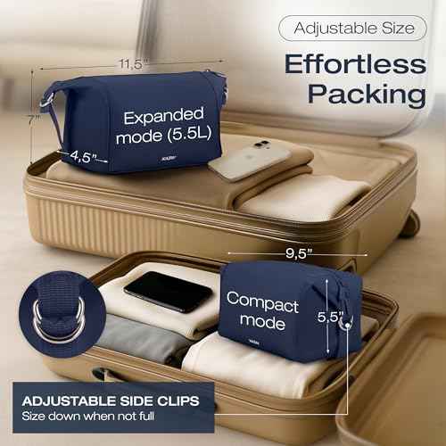 KAZAY Expandable Toiletry Bag with Side Clips for Adjustable Sizing, Premium High-Density Nylon, Open Wide Zipper, Stylish, Water Resistant, Cosmetic Bag, Makeup Bag, Full-Size Bottles, Unisex (Navy)