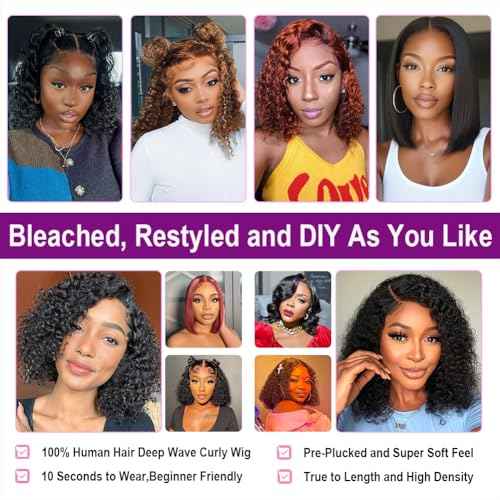 Glueless Curly Bob Wigs Human Hair Pre Plucked Pre Cut 5x5 HD Lace Closure Wigs for Black Women Wear and Go Lace Frontal Wig Human Hair Deep Wave Lace Front Short Bob Wigs 180 Density 14 Inch