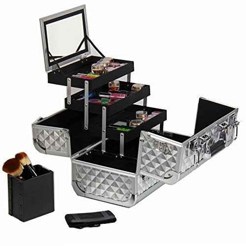 SHANY Premier Fantasy Professional Makeup Train Case Cosmetic Box Portable Makeup Case Organizer Jewelry storage with Locks, 3 Trays, Makeup Brush Holder and Cosmetics Mirror - Silver Diamond
