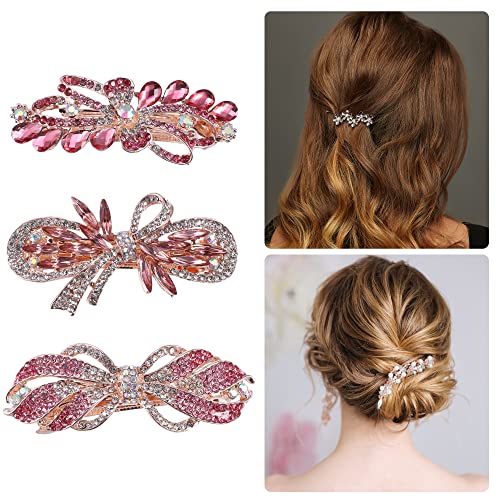 VOCOSTE 3 Pcs Hair Barrettes, Hair Accessories for Women, Sparkly Glitter, Rhinestones Hair Clips, Pink