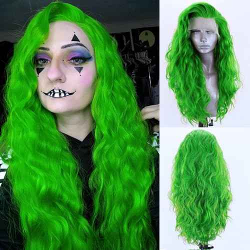 RONGDUOYI Green Long Wavy Synthetic Lace Front Wigs for Women with Side Part Pre Plucked Loose Wave Wig Heat Friendly Fiber Hair Halloween Costume Cosplay Wig 24Inch