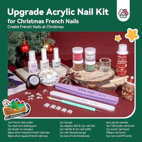 Saviland Acrylic Nail Kit for Starter: 4 Colors Acrylic Powder EMA Monomer Liquid Nail Brush(12#) for Extension Christmas Gift Set