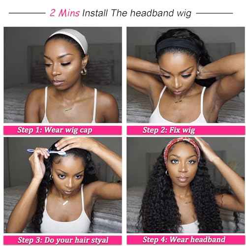 SENSAIRUITE Headband Wig Human Hair 24 Inch Deep Wave Headband Wigs for Black Women 180% Density Wear and Go Glueless Curly Wig Natural Color