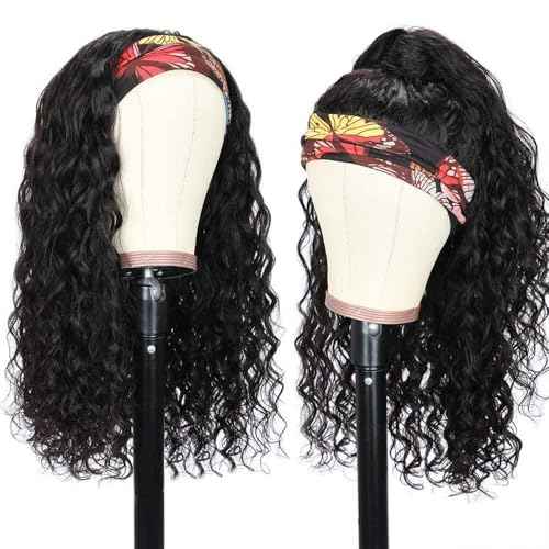 Long Headband Wig Human Hair Water Wave Headband Wigs for Women Curly Wigs Glueless No Lace Front Wig Brazilian Virgin Human Hair 180% Density Natural Black Color 30Inch