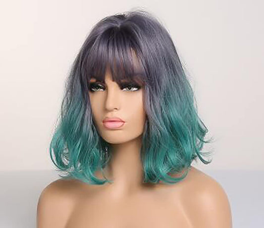 Sharebeauty Synthetic Bob Wig for Women Natural Wavy Curly Full Wig with Bangs Ombre Grey/Deep Green