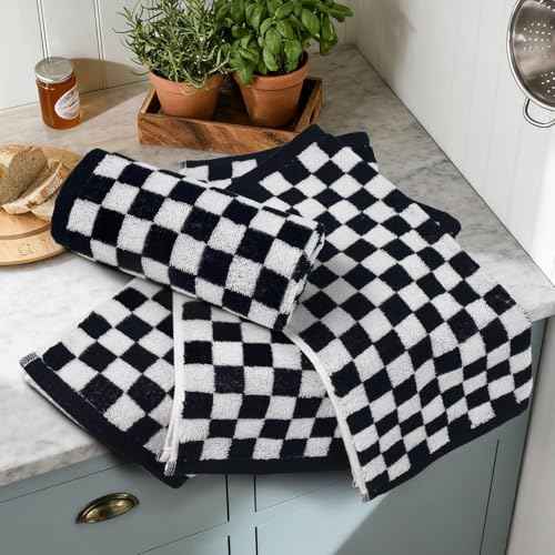 Jacquotha Wash Cloths Checkered 4 Pack (Black and White) - Cotton Washcloths for Face Body, 13 x 13 Inches Daily Cleansing Kitchen Towels