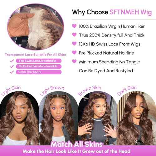 Chocolate Brown Lace Front Wig 200 Density 13x6 HD Body Wave Lace Front Wigs Human Hair Pre Plucked Colored Frontal Glueless Brown Human Hair Wig for Women