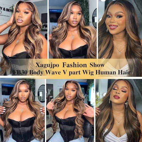 Xagujpo #FB30 Ombre Brown Body Wave V Part Wigs Human Hair Upgrade U Part Human Hair Wigs for Black Women Balayage Highlight Glueless U Part Wig No Sew In 180% Density 20inch
