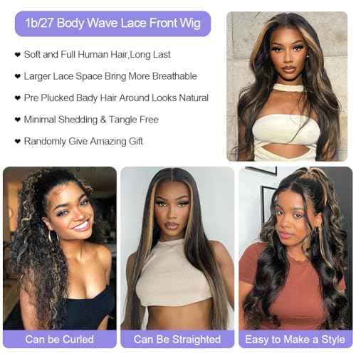 13x6 1b/27 Highlight Ombre Balayage Lace Front Wigs Human Hair Black and Blonde Body Wave HD Transparent Lace Frontal Wig Pre Plucked with Baby Hair for Black Women 180% Density Wig 20 Inch