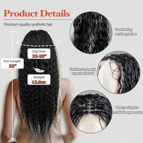 Single Full Lace Braid Wig ? Micro Boho Peruvian Deep Wave Box Braided Wig, Knotless Braided Wigs for Black Women, Curly Hair Wig, with Natural Baby Hair (#1 Jet Black, 32")