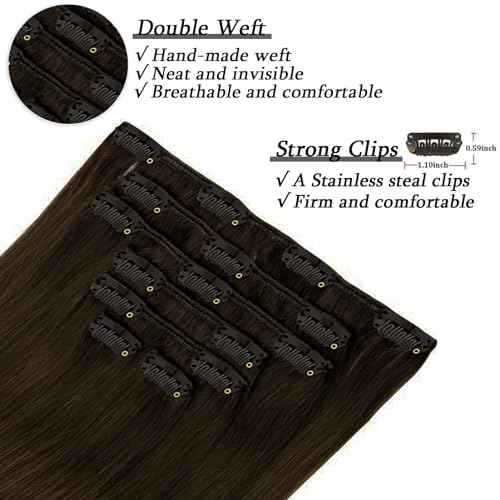 Savasana Clip in Hair Extensions Real Human Hair Straight 7 Pcs Hair Extensions Double Weft Thick Dark Brown 16 Inch 120g