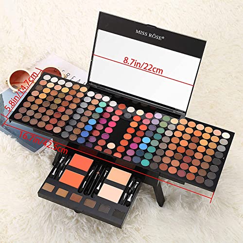 MISS ROSE 190 Colors Cosmetic Make up Piano Box Set,Combination with Eyeshadow /Facial Blusher /Eyebrow Powder /Eyeliner Pencil /Mirror,All-in-1 Makeup Gift Set (Color A)