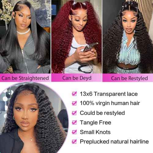 30 Inch Deep Wave Lace Front Wigs Human Hair 13x4 HD Transparent Deep Curly Lace Frontal Wigs Human Hair Glueless Wig pre Plucked 200% Density Natural Color