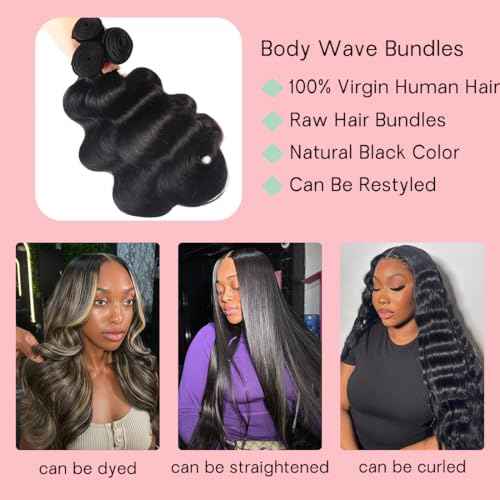 Body Wave 3 Bundles 22 24 26 Brazilian Virgin Human Hair Extensions Curly Wet and Wavy Bundles Remy Hair Weave for Black Women Natural Black