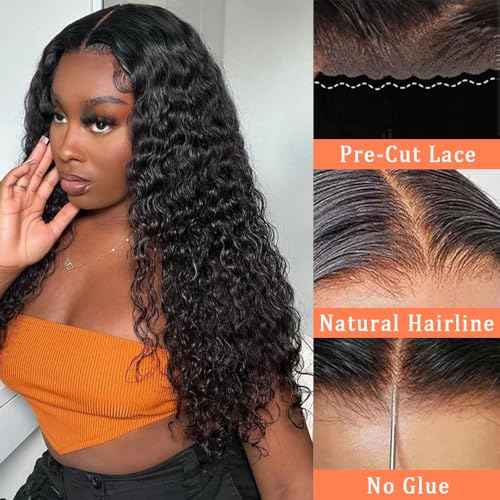 Glueless Wigs Human Hair Pre Plucked Pre Cut 4x4 Lace Closure Deep Wave Wig 180% Density Wear and Go Human Hair Curly Wigs for Black Women Natural Black Color with Baby Hair Small Head Friendly 28Inch