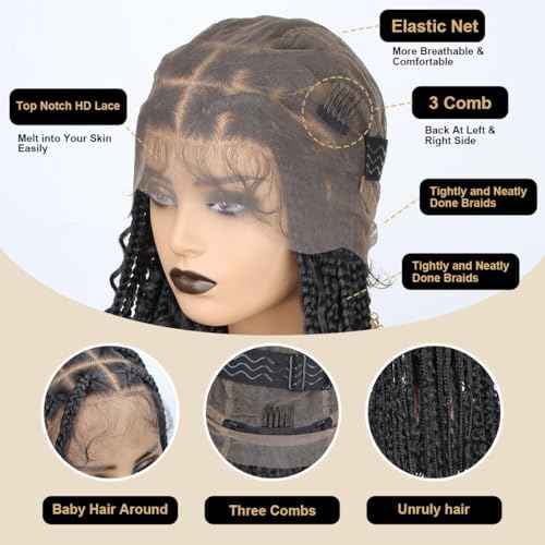 36 inch Knotless Boho Box Braid Wigs, 360 Single Full Lace Braided Curly Wigs for Black Women, Synthetic Black Braided Lace Wig