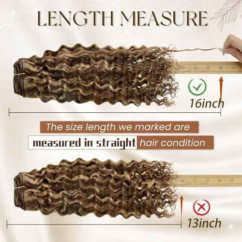 Hetto Thick Curly Clip in Hair Extensions Brown Highlight Blonde Curly Hair Extensions Water Wavy Human Hair Extensions 135g 18 Inch 7Pcs #P4/27