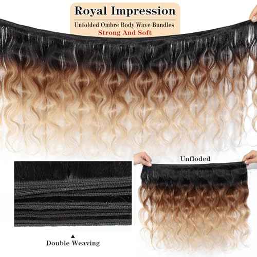 12A Grade Ombre Body Wave Bundles Human Hair (T1B/30/27,16" 18" 20") Brazilian Ombre Brown Body Wave Human Hair 3 Bundles 100% Real Unprocessed Virgin Remy Hair Quick Weave