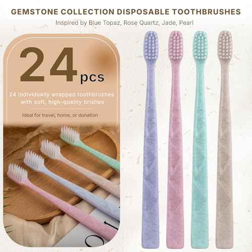 24 Pack Premium Disposable Toothbrush with Tongue Scraper ? Individually Wrapped Bulk Travel Toothbrushes, Soft Bristles for Guests, Hotel, Vacation Rental, Home & On The Go,4 Colors