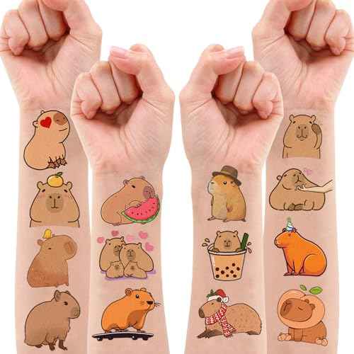 Capybara Mouse Temporary Tattoos 8 Sheets 85PCS Mouse Party Decorations Supplies Favors Animals Theme Birthday Cute Stickers Christmas Gifts for Boys Girls Class School Prizes Carnival